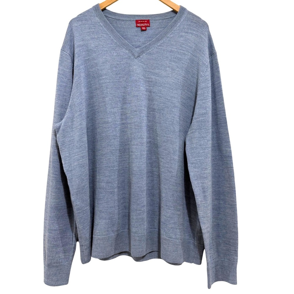 Merona‎ Men's XXL Blue 100% Merino Wool V-Neck Sweater Heathered Knit Pullover